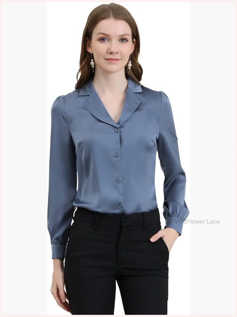 Elegant Collar Long Sleeve Button Down Satin Blouse Work Office Top